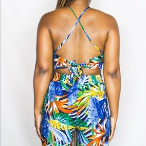 Two Piece Tropical Print Wide Leg Pant Set